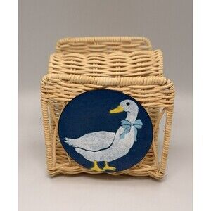 Vintage Country Blue Ribbon Goose Wicker Rattan Napkin Holder Cottage Farmhouse